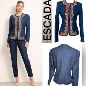 Escada Orange Flowers Appliqué and 
Sequin Jeans Jacket SIZE‎ 38